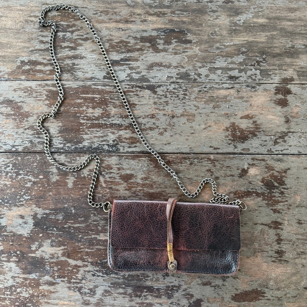 JO Leather Dark Brown Pebbled Crossbody Bag Brass Wire Detail Chain Strap